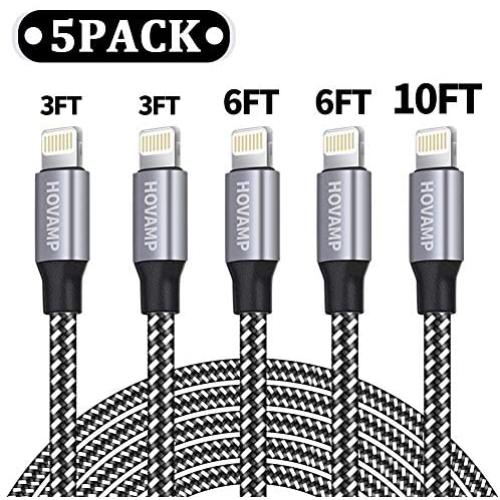 HOVAMP MFi Certified 5Pack[3-3-6-6-10 ft] Nylon Braided Cell-Phone Charging Cable USB Fast Charging & Syncing Long Cord,iPhone Charger Compatible iPhone XS/Max/XR/X/8/8P/7/7P/6/iPad/iPod