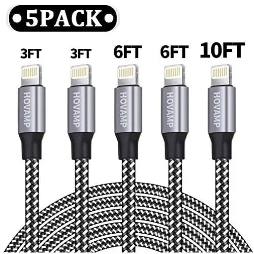 HOVAMP MFi Certified 5Pack[3-3-6-6-10 ft] Nylon Braided Cell-Phone Charging Cable USB Fast Charging & Syncing Long Cord,iPhone Charger Compatible iPhone XS/Max/XR/X/8/8P/7/7P/6/iPad/iPod