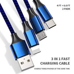 Blue 4ft+6.6ft 2pack 3in1 Cable 3A Multiple Devices Phone Connector Universal USB Charger Cord Adapter Compatible with Cell Phone Note Tablets and More