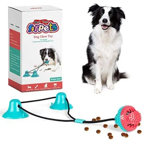 Dog Chew Double Suction Cup Rope Puzzle Toy Pet Aggressive Chewers Tug of War Toothbrush Multifunction Molar Bite Interactive Squeaky Toys Ball with Teeth Cleaning and Food Dispensing Features