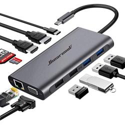 Hiearcool USB C Hub,USB-C Laptop Docking Station,11 in 1 Triple Display Type C Adapter Compatiable for MacBook and Windows(2HDMI VGA PD3.0 SD TF Card Reader Gigabit Ethernet 4USB Ports)