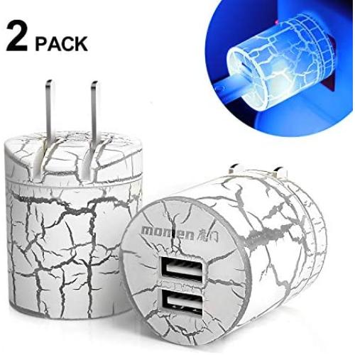 momen Charger Block, Dual USB Wall Charger with Blue LED Night Light for iPhone 11/Xs/XS Max/XR/X/8/7/6/Plus, Galaxy 9/8/7, Note 9/8, LG, HTC and More, Quick Charge 3.0 Wall Charger 5V/2.1A (2 Pack)