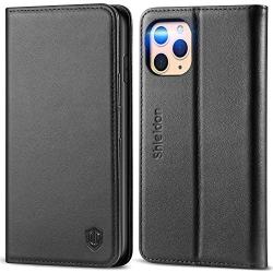 SHIELDON iPhone 11 Pro Max Case, Genuine Leather Auto Sleep Wake Wallet Case Flip Magnetic Cover RFID Blocking Card Slots Kickstand Shockproof Case Compatible with iPhone 11 Pro Max (6.5-inch) - Black