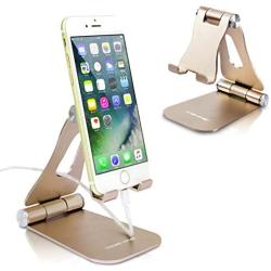 Cell Phone Stand Foldable YoShine Aluminum Phone Holder Phone Stand and Cable Organizer for Charging Desktop Cell Phone Holder Adjustable Phone Stand Dock for iPhone iPad/Mini Samsung Tablets - Gold