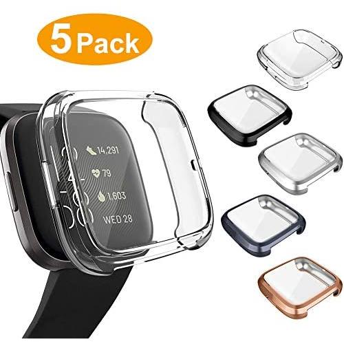 5 Packs Screen Protector Compatible Fitbit Versa 2 Case, GHIJKL Ultra-Thin Slim Soft TPU Protective Case All-Around Full Plated Cover Bumper Shell for Fitbit Versa 2, Clear/Black/Silver/Gray/Rose Gold