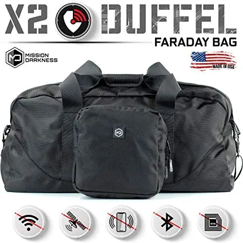 Mission Darkness X2 Faraday Duffel Bag + Detachable MOLLE Faraday Pouch. RF Shielding for Large Electronics & Mobile Devices // Used for Law Enforcement & Military Forensics + Data Privacy Mission Darkness X2 Faraday Duffel Bag + Detachable MOLLE Faraday Pouch. RF Shielding for Large Electronics & Mobile Devices // Used for Law Enforcement & Military Forensics + Data Privacy
