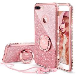 OCYCLONE iPhone 8 Plus Case, iPhone 7 Plus Case, Cute Glitter Luxury Diamond Rhinestone Bumper with Ring Grip Kickstand Protective Girly Soft iPhone 8 Plus/ 7 Plus Case for Women Girl - Rose Gold Pink