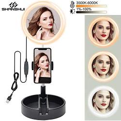 Selfie LED Ring Light, 6.5‘’ Selfie Cirle Led Light with Stand & Phone Holder, Make-up Mirror USB Control with Camera Remote Shutter 10 Brightness Levels Dimmable LED Ring Light for Makeup, Game Live