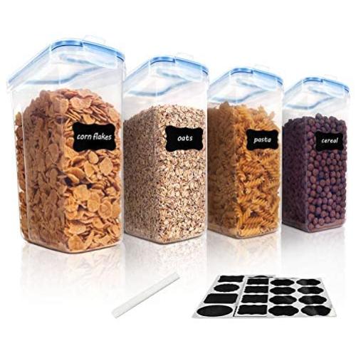 Vtopmart Cereal Storage Container Set, BPA Free Plastic Airtight Food Storage Containers 135.2oz for Cereal, Snacks and Sugar, 4 Piece Set Cereal Dispensers with 24 Chalkboard Labels, Blue