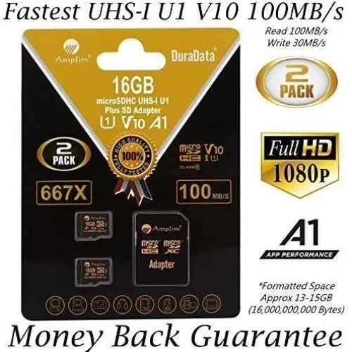 2-Pack 16GB Micro SD Card Plus Adapter. Amplim 16 GB MicroSD Memory Card 100MB/s 667X V10 A1 U1 - Class 10 UHS-I 16G MicroSDHC TF Card for Cell Phones, Fire, Dashcam Camera, GoPro, DJI, Nintendo 2-Pack 16GB Micro SD Card Plus Adapter. Amplim 16 GB MicroSD Memory Card 100MB/s 667X V10 A1 U1 - Class 10 UHS-I 16G MicroSDHC TF Card for Cell Phones, Fire, Dashcam Camera, GoPro, DJI, Nintendo