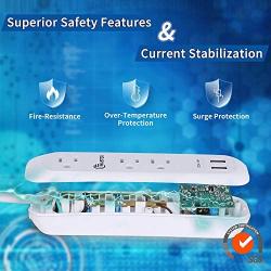 USB Surge Protector Power Strip Long Extension Cord 6 feet, 3 Outlets, 2 USB Ports (2.4A/12W), Overload Protection, Mountable Power Strip for Home Office, 1250W/10A, SGS Listed, White