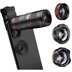 Phone Camera Lens, KNGUVTH 5 in 1 Cell Phone Lens Kit - 12X Zoom Telephoto Lens + Fisheye Lens + Super Wide Angle Lens+ Macro Lens Compatible with iPhone 11 Pro Max X XS XR/8/7/6/6s Samsung Android