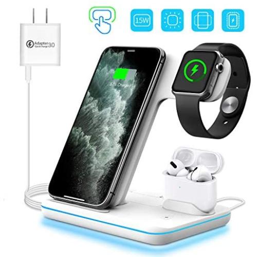 WAITIEE Wireless Charger,3 in 1 Qi-Certified 15W Fast Charging Station for Apple iWatch Series 5/4/3/2/1,AirPods,Compatible with iPhone 11 Series/XS MAX/XR/XS/X/8/8 Plus/Samsung (White)