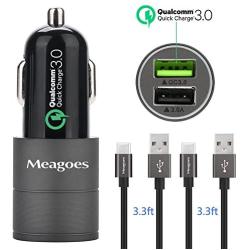 Meagoes Fast USB C Car Charger, Qualcomm Quick Charge 3.0 Port Charging Adapter Compatible for Samsung Galaxy S20 Ultra/S20 Plus/S20/S10/S10e/S9/S8, Note 10/9/8, LG Moto Phone, with 2-Pack Type C Cord