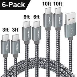 CLEEFUN USB C Cable Fast Charging, [6-Pack, 3/3/6/6/10/10 ft] Nylon Braided USB A to Type C Charger Cord Compatible with Samsung Galaxy S10e S10 S9 S8 Plus S10+, Note 10 9 8, Moto G8 G7 G6, LG G8 G7