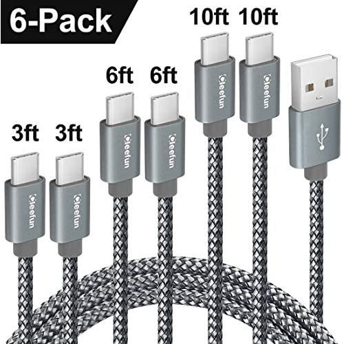 CLEEFUN USB C Cable Fast Charging, [6-Pack, 3/3/6/6/10/10 ft] Nylon Braided USB A to Type C Charger Cord Compatible with Samsung Galaxy S10e S10 S9 S8 Plus S10+, Note 10 9 8, Moto G8 G7 G6, LG G8 G7
