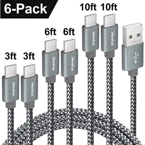 CLEEFUN USB C Cable Fast Charging, [6-Pack, 3/3/6/6/10/10 ft] Nylon Braided USB A to Type C Charger Cord Compatible with Samsung Galaxy S10e S10 S9 S8 Plus S10+, Note 10 9 8, Moto G8 G7 G6, LG G8 G7