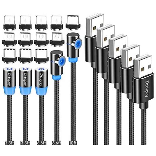 Drtopey USB Magnetic Charging Cable [5Pack 3ft/3ft/6ft/6ft/10ft] 3 in 1 Nylon Braided Code with Led Light,Compatible with Micro USB,Type C and iProduct(Black)