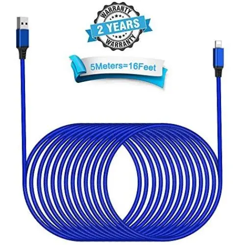 Fast Phone Charger Cable 16FT/5M Cell Phone Charging Cord Extra Long Nylon Braided Data Sync Cable Metal Connector Blue USB Cable Powerline for Phone XR/X/8/8 Plus/7/7 Plus/6/6s/Plus/SE Pad