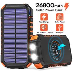 Solar Power Bank 26800mAh, Hiluckey Solar Charger with 4 Outputs Wireless Portable Charger USB C External Battery Pack Quick Charge 3.0A with Dual Flashlights for Smartphones, Tablets, Switch