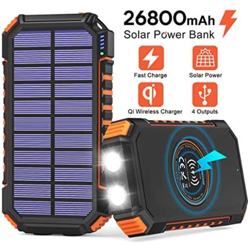 Solar Power Bank 26800mAh, Hiluckey Solar Charger with 4 Outputs Wireless Portable Charger USB C External Battery Pack Quick Charge 3.0A with Dual Flashlights for Smartphones, Tablets, Switch