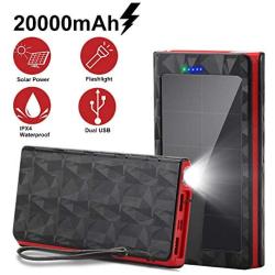 Solar Power Bank, 20000mAh Solar Charger with Quick Charge Type C 3A and Micro 2.4A Input,Portable Charger with Dual 2.4A Outputs and 3 Modes of LED Flashlight,Suitable for Smartphones and More