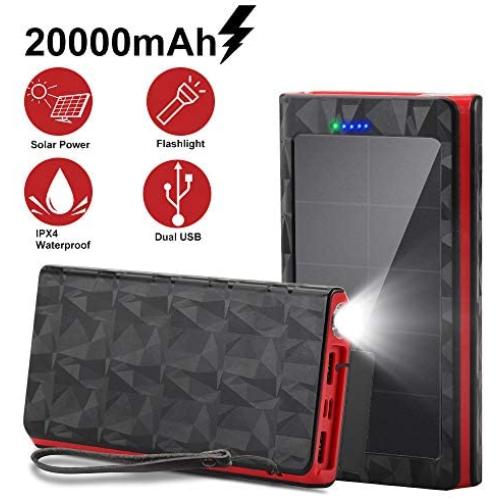 Solar Power Bank, 20000mAh Solar Charger with Quick Charge Type C 3A and Micro 2.4A Input,Portable Charger with Dual 2.4A Outputs and 3 Modes of LED Flashlight,Suitable for Smartphones and More