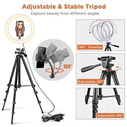 10" USB Selfie LED Ring Light with 50" Extendable Tripod Stand & Flexible Phone Holde for Live Stream/Makeup, Camera, YouTube Video Photography, Compatible with iPhone/Android