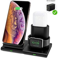 Hoidokly 3 in 1 Wireless Charger Dock Qi-Certified Charging Station for Apple Watch, AirPods, 7.5W Fast Charging Stand for iPhone 11/11 Pro Max/SE 2020/XS Max/XR/XS/X/8/8P/Samsung(Included Adapter)