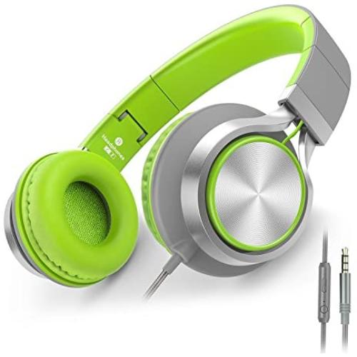 AILIHEN C8 Foldable Wired Headphones with Microphone and Volume Control for Cellphones Tablets Chromebook Smartphones Laptop Computer PC Mp3/4 (Gray/Green)