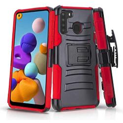 CasemartUSA Phone Case for [Samsung Galaxy A21], [Refined Series][Red] Shockproof Cover with Built-in Kickstand & Belt Clip Holster for Samsung Galaxy A21 (Verzion, Boost Mobile, T-Mobile, Metro)