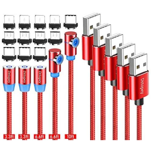 Drtopey USB Magnetic Charging Cable [5Pack] 3 in 1 Nylon Braided Code with Led Light,Compatible with Micro USB,Type C and iProduct(Red)