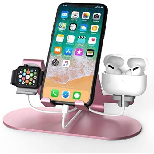 3 in 1 Aluminum Charging Station for Apple Watch Charger Stand Dock for iWatch Series 4/3/2/1,iPad,AirPods and iPhone Xs/X Max/XR/X/8/8Plus/7/7 Plus /6S /6S Plus（Rose Gold）