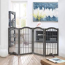 unipaws Wooden Dog Gate with 2pcs Support Feet, Freestanding Pet Gate for Doorway Stairs, Decorative Indoor Dog Barrier with Arched Top, Gray