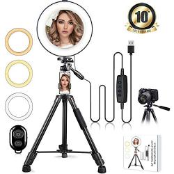 10" Ring Light with Stand and Phone Holder, HQOON Upgraded LED Selfie Ringlight with 52" Extendable Tripod Stand for Makeup/Photography/Live Stream/Video Recording, Compatible with Phones and Cameras