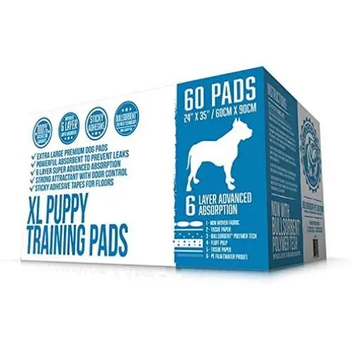 Bulldogology Puppy Pee Pads XL with Adhesive Sticky Tape - Extra Large Dog Training Wee Pads (24x35) 6 Layers with Extra Quick Dry Bullsorbent Polymer Tech Bulldogology Puppy Pee Pads XL with Adhesive Sticky Tape - Extra Large Dog Training Wee Pads (24x35) 6 Layers with Extra Quick Dry Bullsorbent Polymer Tech