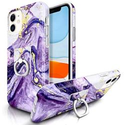 RXKEJI iPhone 11 Case Marble Bling Sparkle Glitter with Cell Phone Ring Holder Stand Finger Kickstand Phone Grip Heavy Drop Protection Shock Absorption Cover Case for iPhone 11 6.1 inch Purple