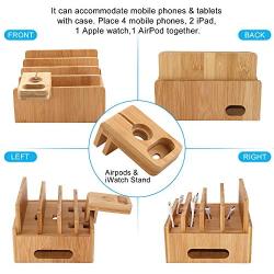 Bamboo Charging Station for Multiple Devices with 5 Port USB Charger, 5 Charger Cables and AirPod & Watch Stand. Pezin & Hulin Desk Wood Docking Stations Electronic Organizer for Cell Phone, Tablet,