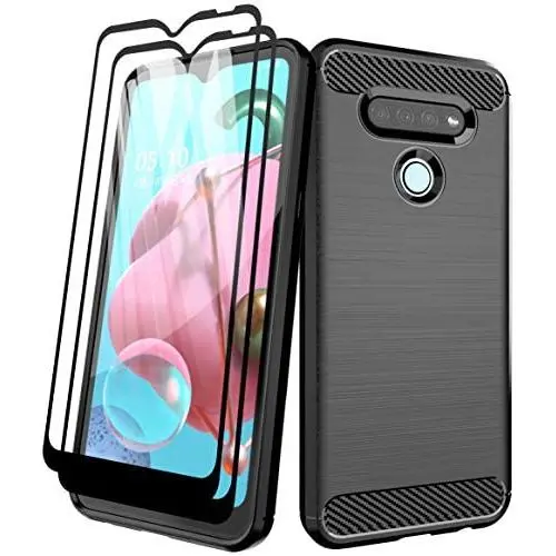 Aliruke Case for LG K51 Case with Tempered Glass Screen Protector[2 Pack], Slim Shockproof TPU Bumper Cover Flexible Lightweight Protective Phone Case for LG K51/LG Reflect/LG Q51, Black