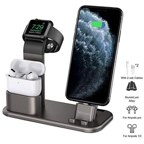 Mercae Compatible for Charging Station Apple 3 in 1 Aluminum Stand for Apple Watch/iPhone and Airpods Pro,Charger Stand Dock Station for Apple iWatch Series 1/2/3/4/5/iPhone 11/11 Pro/Pro MAX