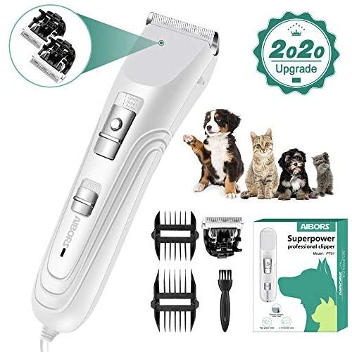 AIBORS Dog Grooming Clippers kit with 12V High Power Low Noise for Thick Coats Heavy Duty Plug-in Pet Trimmer Electric Professional Hair Clippers for Dogs Cats Pets, 2 Pack Blades