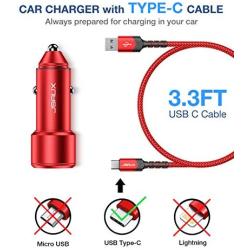 JSAUX Car Charger Compatible for Samsung Galaxy S10/S9/S9 Plus/S8/S8 Plus/S20/Note 10/9/8, LG, Moto -3A Dual Quick Charge 3.0 Ports 36W Metal Fast USB Car Adapter with Type C Charging Cable Red