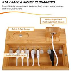 Bamboo Charger Station for Multiple Devices Sendowtek 6 in 1 USB Charging Station with 5-Port for Cell Phone Tablet Electronic, Watch Stand Earbuds Docking Station Organizer-5 Mixed Cables Included