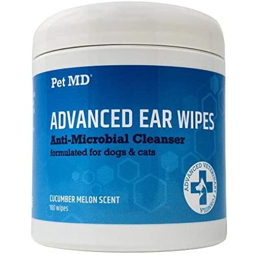 Pet MD Cat and Dog Ear Cleaner Wipes - Advanced Otic Veterinary Ear Cleaner Formula - Dog Ear Infection Treatment Eliminates Yeast and Bacteria - 100 Alcohol Free Ear Wipes with Soothing Aloe Vera