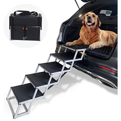 Heeyoo Folding Dog Car Steps, Portable Aluminum Fram Large Dog Stairs for High Beds, Trucks, Cars and SUV, Lightweight Foldable Pet Ladder Ramp with Nonslip Surface Can Support 150-200 Lbs Large Dog