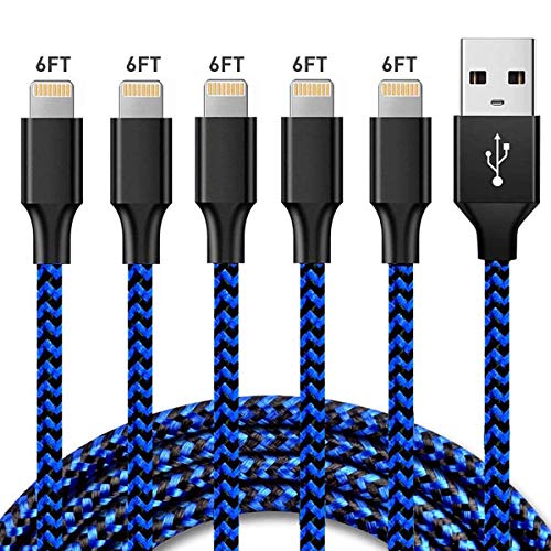 5Pack 6FT iPhone Charger Lightning Cables, Mfi Certified Charging Cable USB Syncing Data&High-Speed Nylon Braided Cord Cable Compatible 11 Pro Max XR XS X 8 8 Plus 7 7 Plus 6s 6sPlus iPad iPod & More