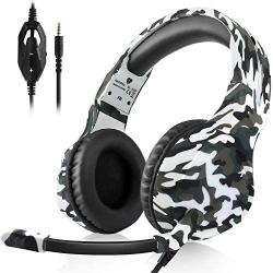 Anksono Stereo Gaming Headset for Playstation 4, Xbox One, Nintendo Switch, 3.5mm Wired Bass Noise Cancelling Headphones with Mic and Volume Control for Laptop PC Mac iPad iPhone Games, White Camo