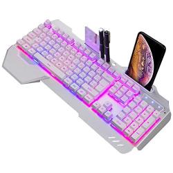 3-color optional keyboard, RGB LED backlight mechanical gaming keyboard, with mobile phone holder, suitable for industrial, office, (White)