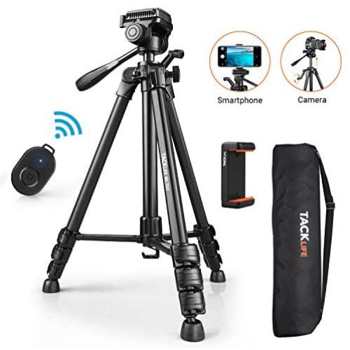 Tripod, 60-Inch Aluminum Camera/Phone/Travel Tripod, Max Load of 11 Lbs, 360 Degree Swivel with Wireless Bluetooth Remote, Universal Smartphone Mount, 1/4 Inch Screw Mount, Portable Bag - MLT02