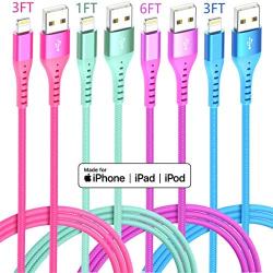 Lightning Cable iPhone Charger 4Color 4Pack(6/3/3/1ft) Apple MFi Certified Unbreakable Fast USB Charging Cord Compatible for iPhone11Pro MAX Xs XR X 8 7 6S Plus SE 5S 5C (Red Green Purple Blue)